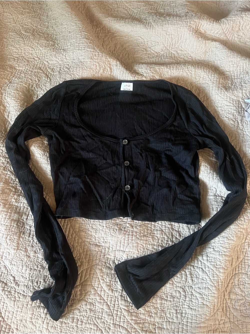 Wilfred Black Ribbed Button-Front Long-Sleeve Crop Top small